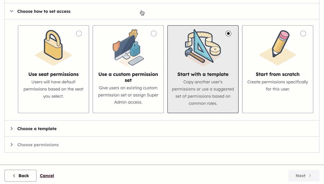 A GIF demonstrating how to select and customize user permissions in HubSpot by toggling different access switches on and off.