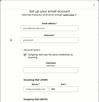 Advanced options for setting up SMTP email when connecting personal email.