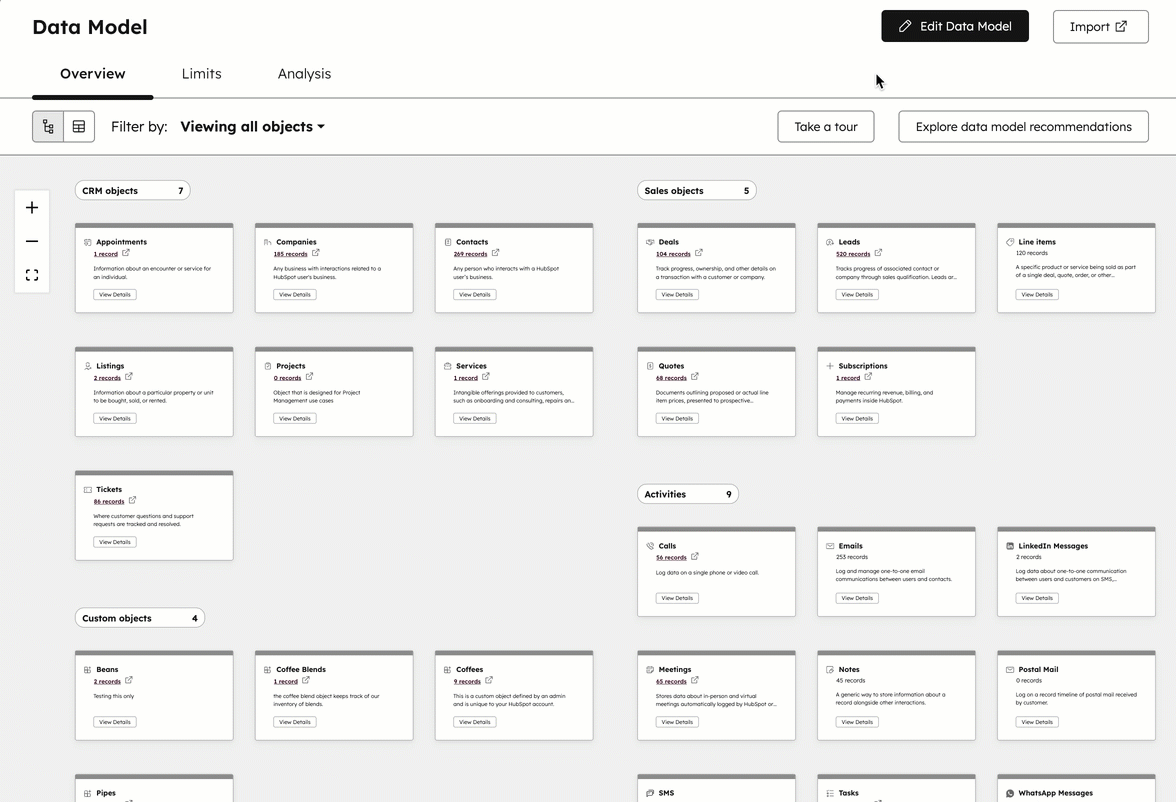 GIF displaying the data model tool in HubSpot. The user edits the data model and renames "Companies" to "Accounts"