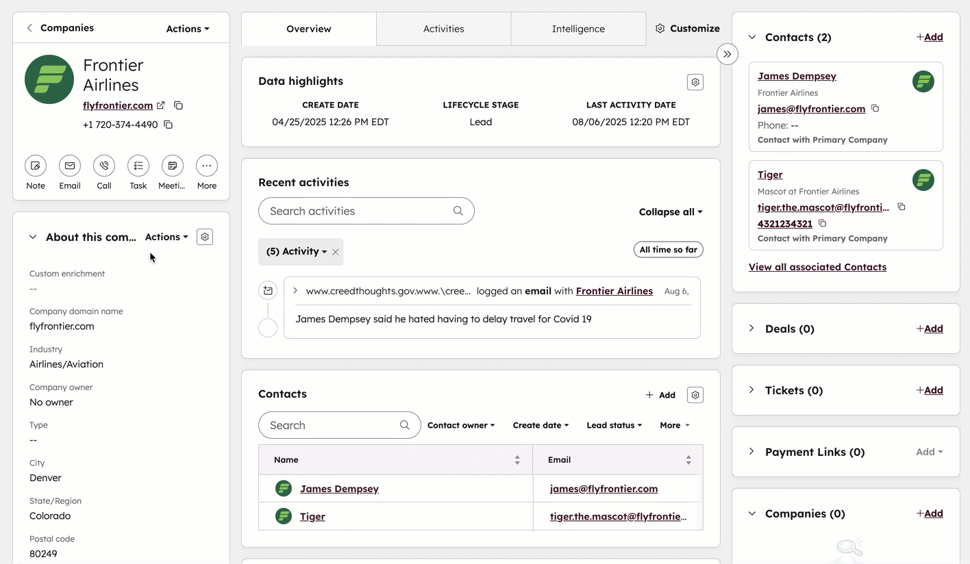 GIF displaying a company record "Frontier Airlines". The user clicks an 'actions' button on the left sidebar and opens an 'enrich records' menu.