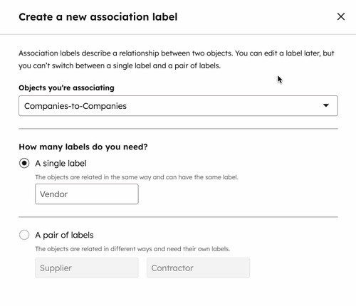 A gif displaying the steps to create a new association label.