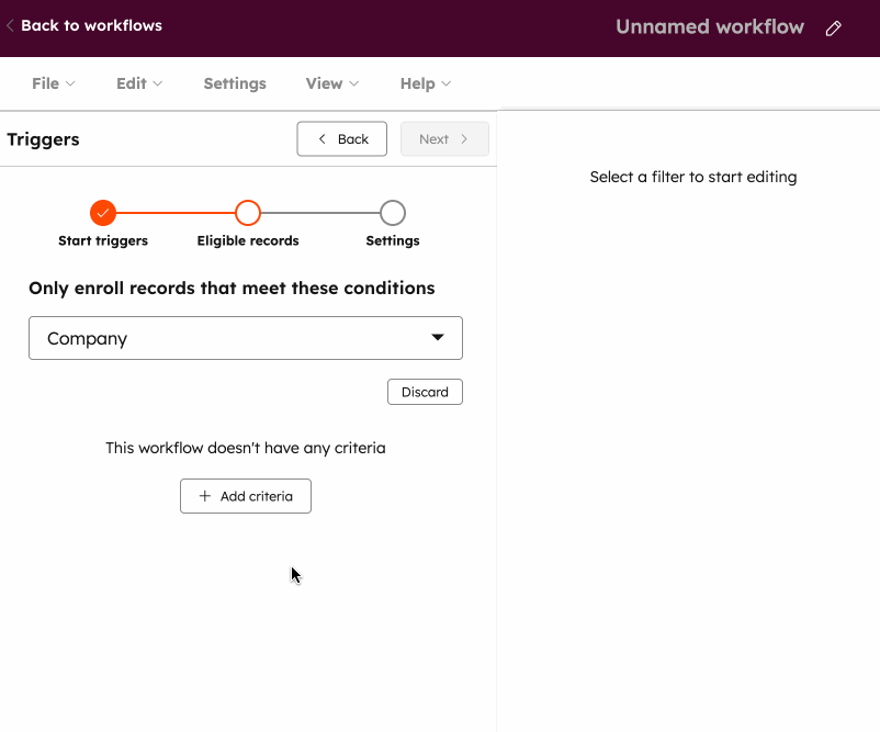 A gif displaying the steps to configure workflow enrollment filters based on the associated record.