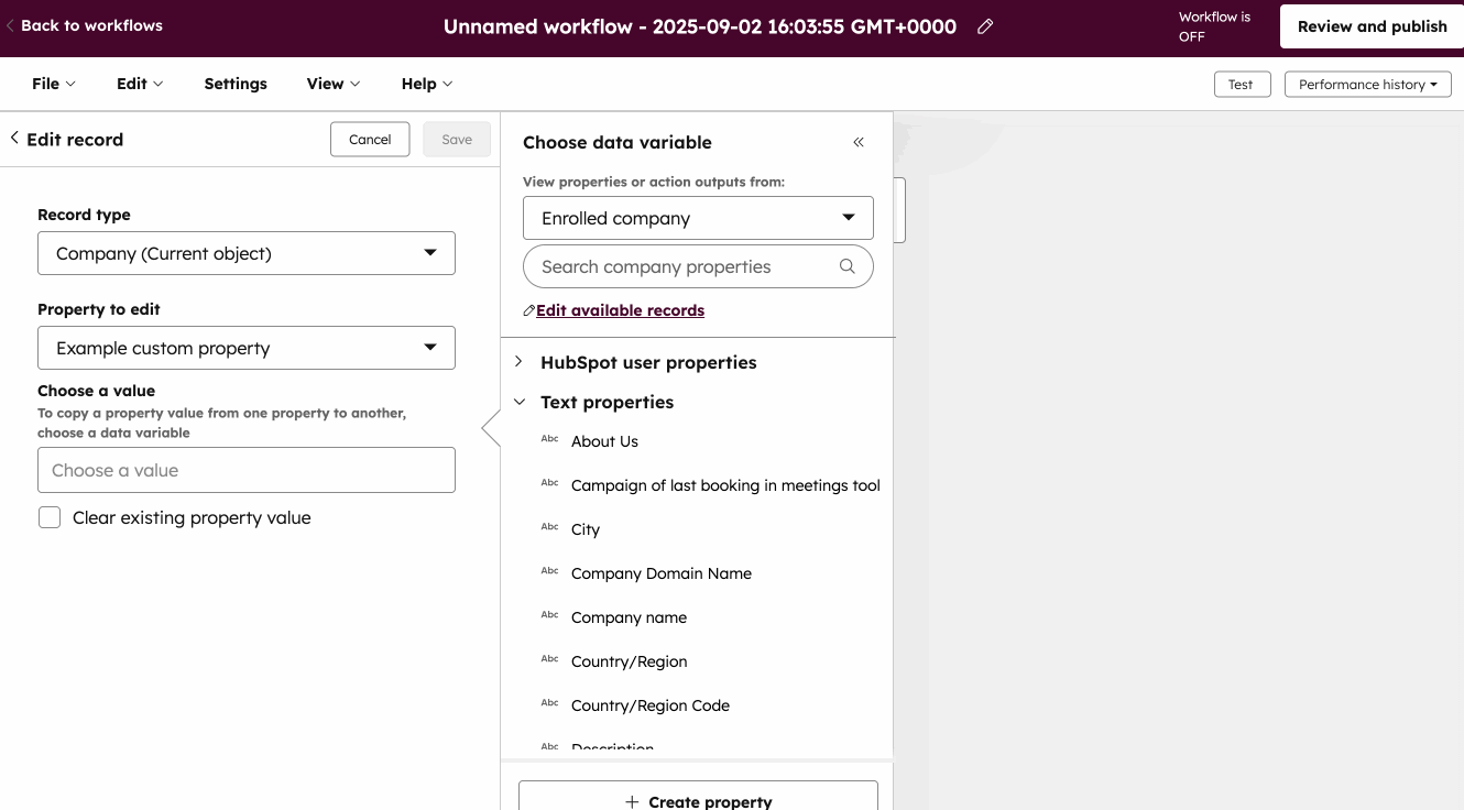 A gif displaying how to add available associated record sources when selecting filter criteria in a workflow.