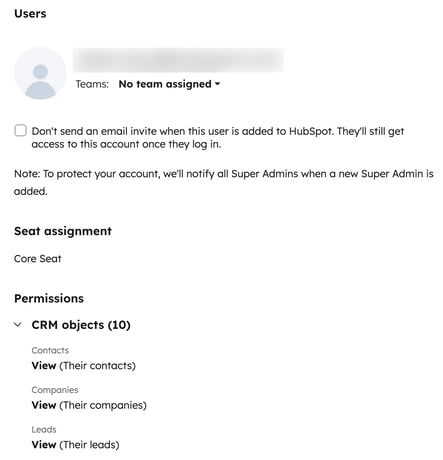 The final review step in HubSpot's user creation process, showing a summary of the new user's seat assignment and permissions before finalizing.