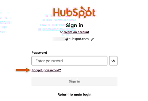HubSpot login page highlighting the "Forgot password" link under the password field.