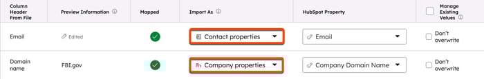 A HubSpot import mapping screen showing two columns mapped. The Email column is mapped to Contact properties, and the Domain name column is mapped to Company properties.