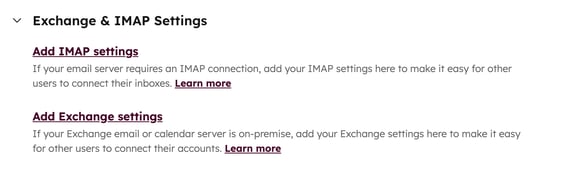 Email Log &amp; Track settings, displaying the options to Add IMAP settings or Add Exchange settings.