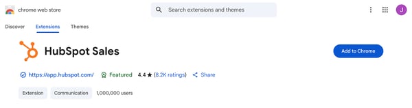 Screenshot of the Chrome Web Store, displaying the HubSpot Sales Chrome extension with the option to Add to Chrome.