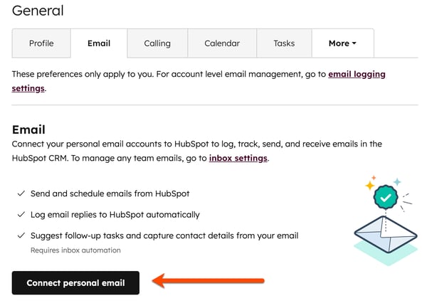 User's email settings, with arrow directing to the "Connect personal email" button.
