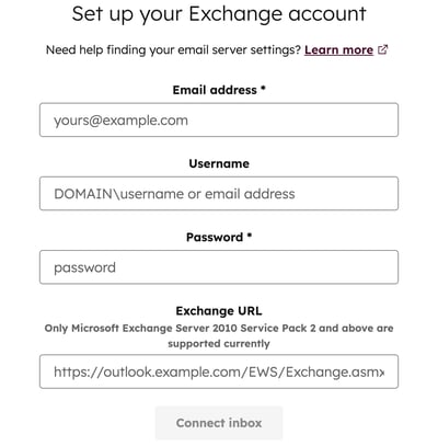 Advanced options for setting up your Exchange account when connecting your personal email.
