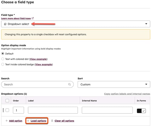Dropdown select field type selected in HubSpot’s property setup screen, displaying option display modes and a highlighted Load options control.