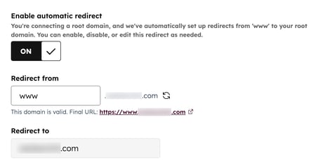 The domain connection page is displayed with automatic redirect details. A toggle switch is visible for enabling automatic redirect. A text input box for 'Redirect from' contains 'www'. The last field is 'Redirect to'.