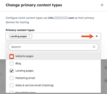 In the domain settings, the Change primary content types dialog box is displayed. An arrow is pointing to the Primary content types dropdown menu. A box is displayed around the checkbox for Website pages.