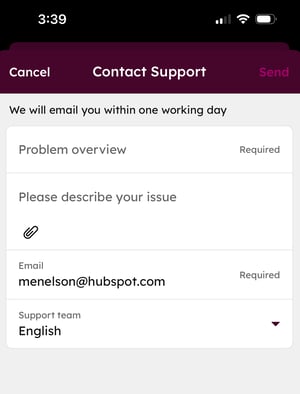 Contact Support page that shows a space for Problem Overview, Please describe your issue, Email, and a dropdown to select which support team you want to send to
