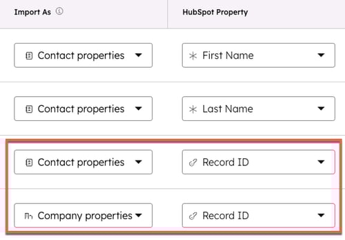 Screenshot of HubSpot import property mapping page. the HubSpot property with "Record ID" is highlighted with an orange box.