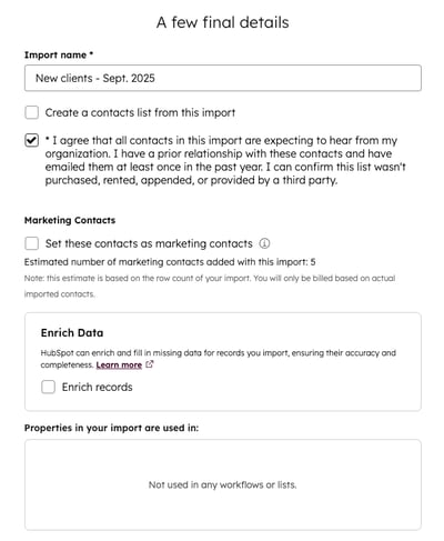 Import configuration page showing "Enriched records" as the import name, agreement checked, marketing contacts option, and "Enrich with Breeze Intelligence" checked