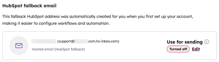 Inbox channel settings, displaying the option to turn off or edit the HubSpot fallback email.