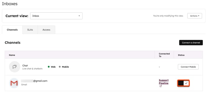 Inbox settings, highlighting the channel's status toggle.