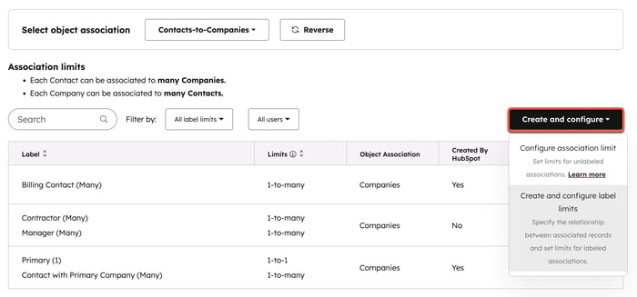 Object association settings, displaying the option to create and configure association limits.