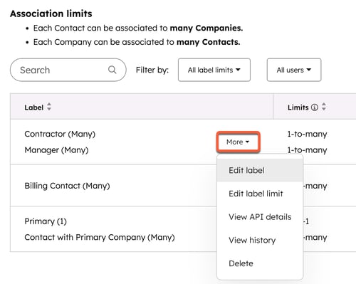 Association settings, showing the options to edit label, edit label limit, view API details, view history, and delete the label.
