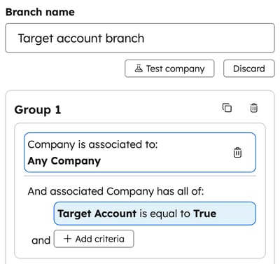 Workflow branch filtering, displaying the associated company filter to check if the record's target account is equal to true.