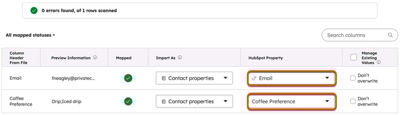 Import mapping screen linking Email and Coffee Preference columns from a file with Drip and Iced drip values to HubSpot properties.