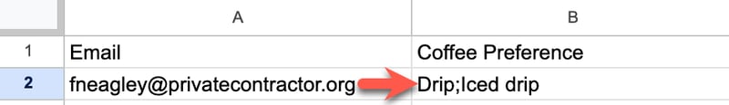 Spreadsheet with ‘Email’ and ‘Coffee Preference’ columns showing Drip and Iced drip values for one email address. An arrow highlights no leading semi-colon is present.