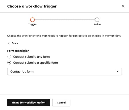 Sequences automation settings, displaying contact enrollment based on a form submission, showing the option to select a form.