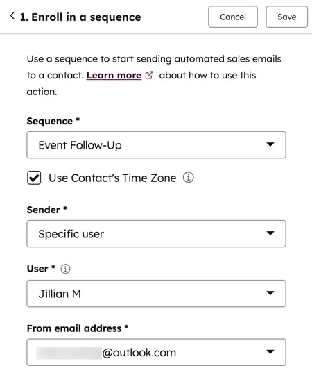 The "Enroll in a sequence" workflow action, displaying options to set the sequence, sender, user, and from email address.