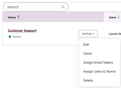 screenshot showing the options under the Actions dropdown menu for a preset in HubSpot