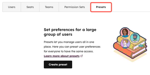 screenshot showing the Presets tab in Settings > Users & Teams in HubSpot