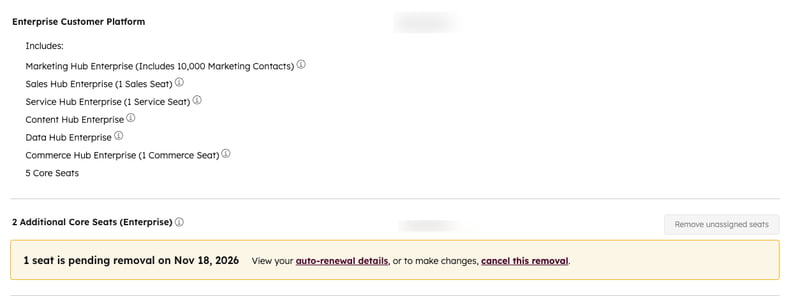 Subscription page showing a warning that one Core Seat removal is pending with an option to cancel