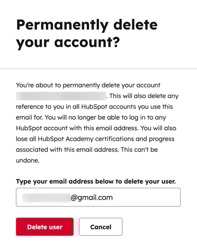 User account deletion, displaying the dialog box to confirm the deletion of the user.
