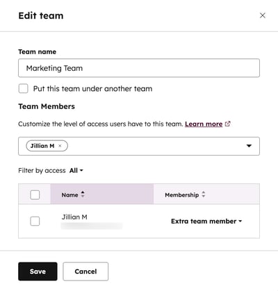 Team settings, displaying the options to add a team name and add users to the team.