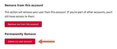 User settings, showing the option to "delete my user account".