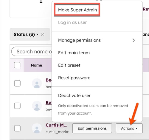 HubSpot user table 'Actions' dropdown, with the 'Make Super Admin' option ready for selection to elevate user privileges.