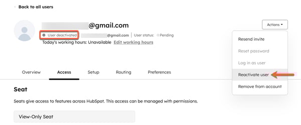 User settings, highlighting the option to reactivate a deactivated user.