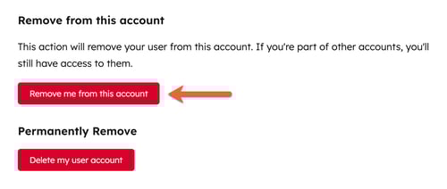User settings, showing the option to "remove me from this account".