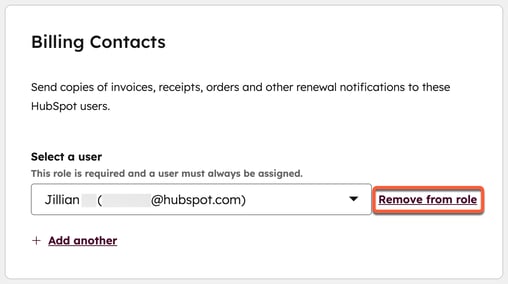 Account and billing settings, showing the option to remove a user from the billing contact role.
