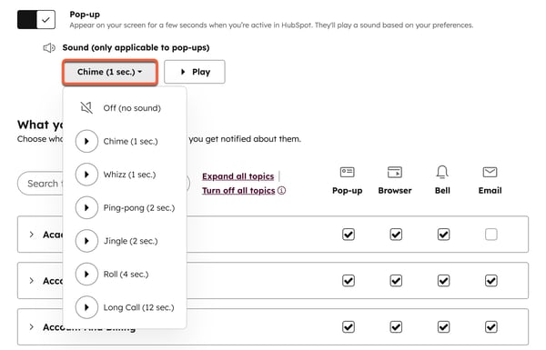 Account notification settings, displaying the sound options for the pop-up notification.