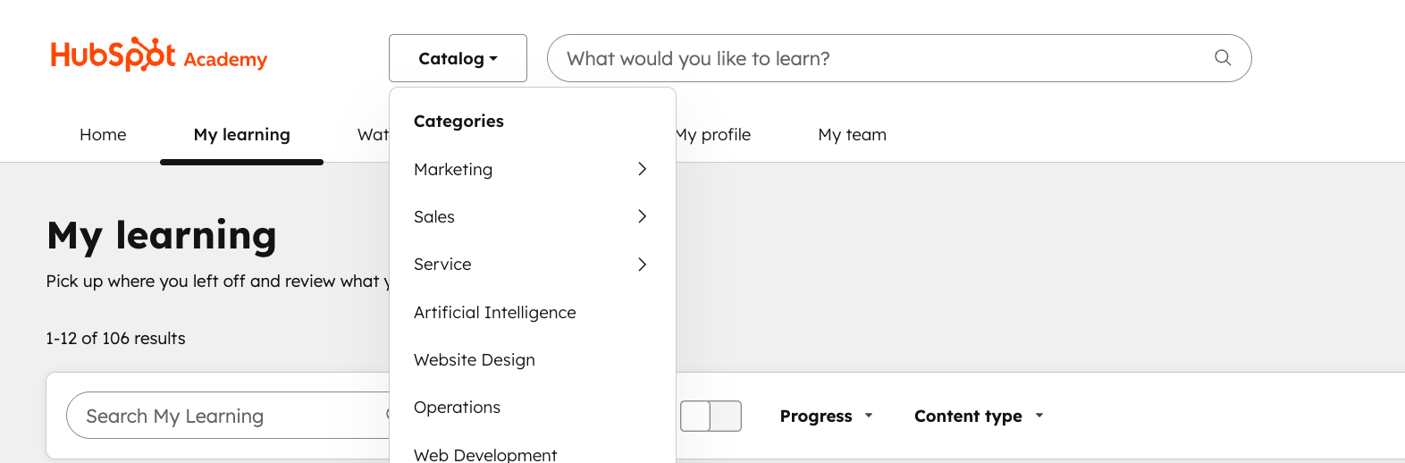 Cateegories dropdown on the Academy home page.