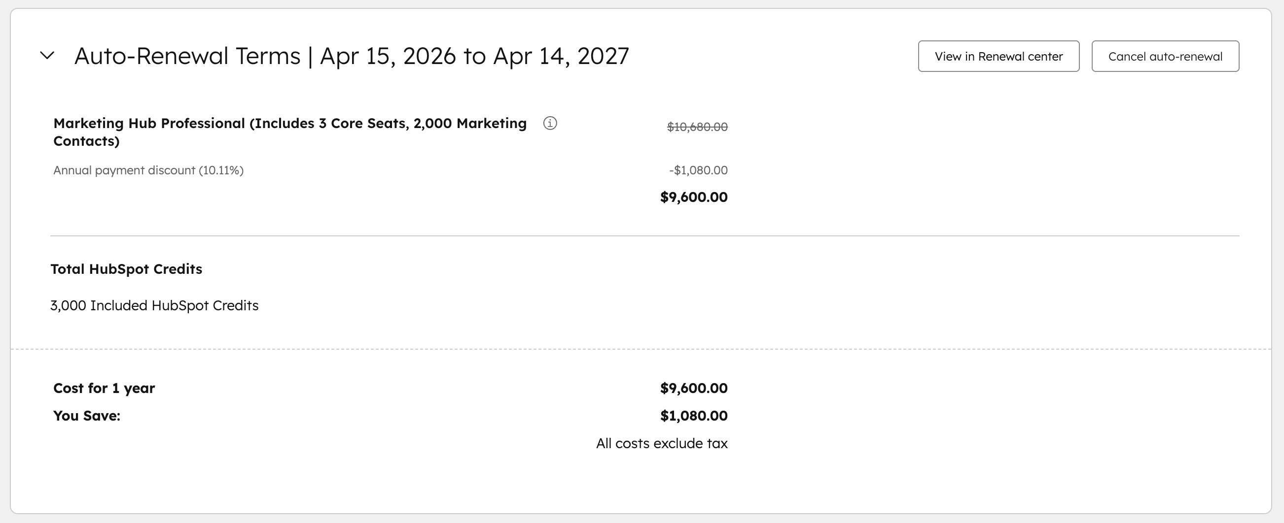 screenshot showing the auto-renewal  terms section for a HubSpot subscription in Account & Billing.