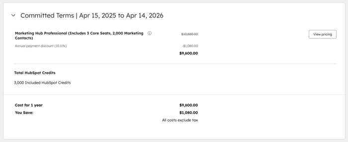 screenshot showing the committed terms section for a HubSpot subscription in Account & Billing.