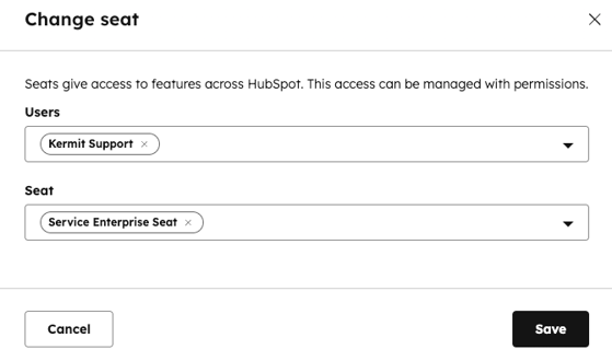The "Change seat" pop-up window, showing a dropdown menu for "Users" and a dropdown menu for "Seat."