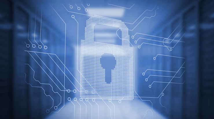 lock graphic in blue data center showcasing Servertech's reliable rack PDU solutions.