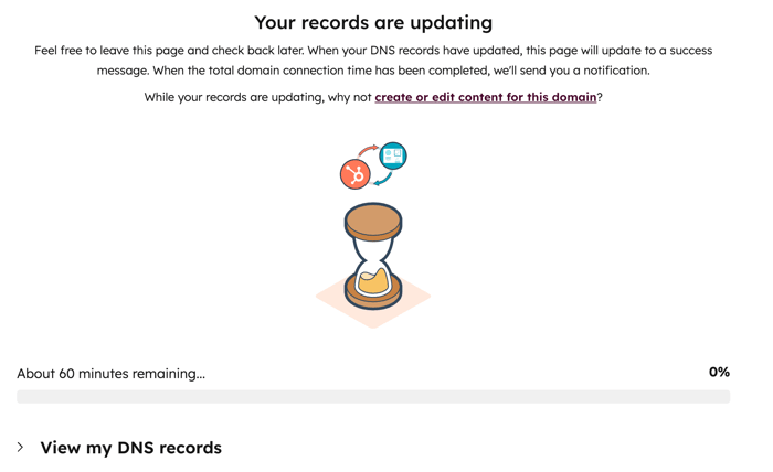 Progress screen for updating your DNS records. Progress bar shows "About 60 minutes remaining..." and "0%."