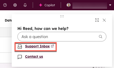 Image of the "Support Inbox" link in the help widget.