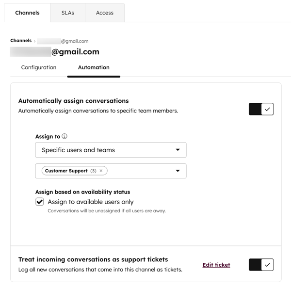 Inbox channel automation tab, displaying the options to automatically assign conversations to users and teams, and to treat incoming conversations as support tickets.