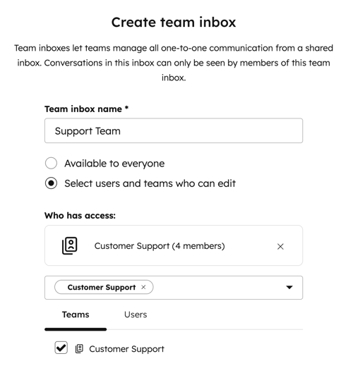 Team inbox creation, displaying the options to enter a team inbox name and set user or team access.