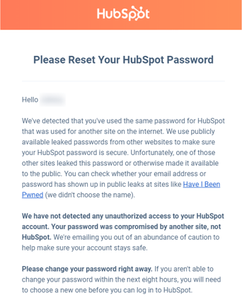 screenshot of reset email for publicly leaked password